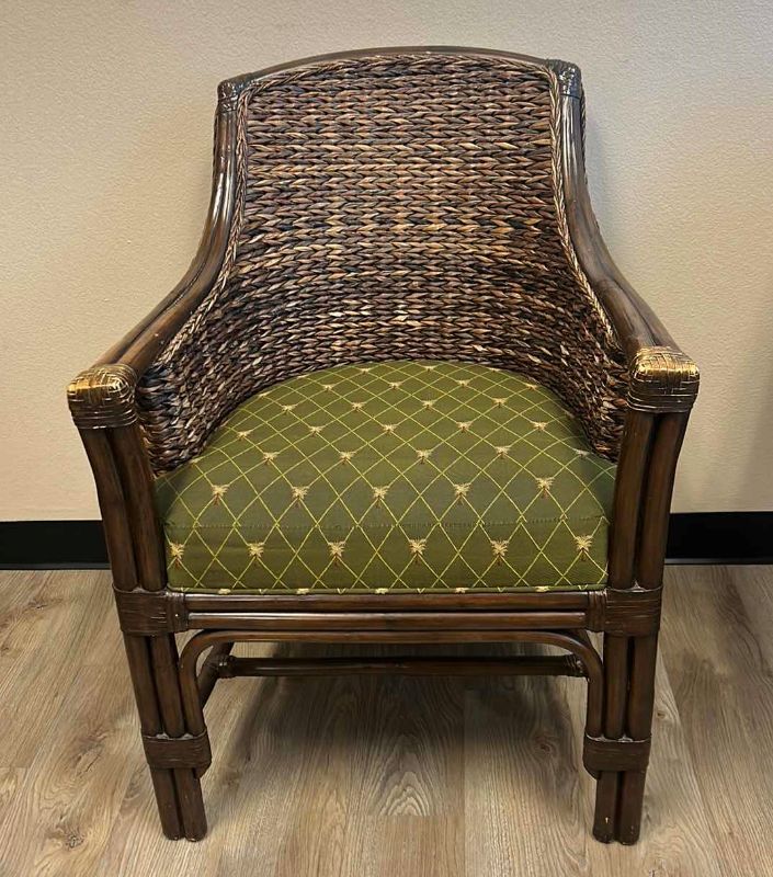 Photo 1 of RATTAN CHAIR WITH GREEN PALM TREE UPHOLSTERY 24.50 x 24.5” x H33”