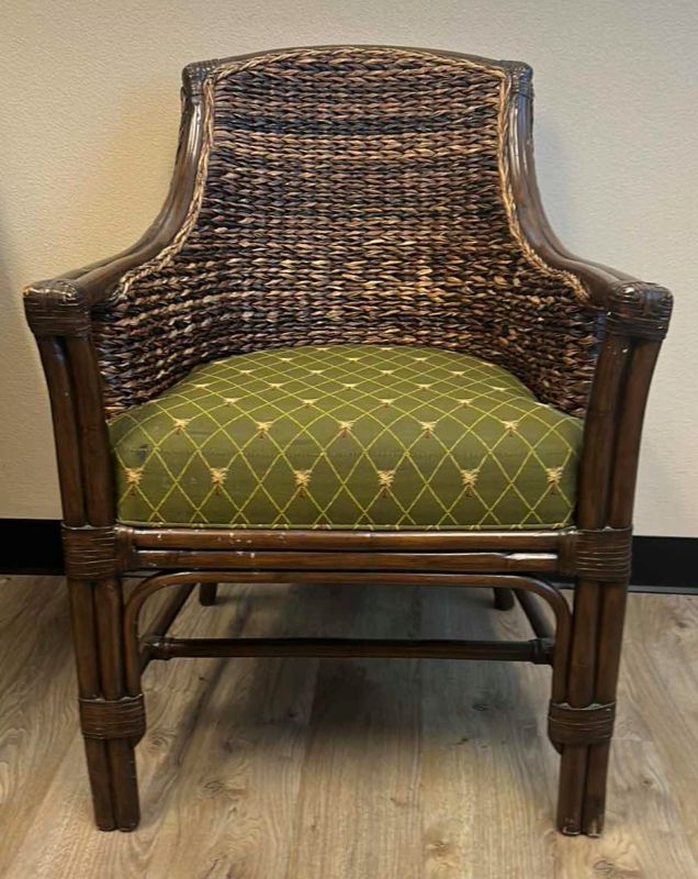 Photo 1 of RATTAN CHAIR WITH GREEN PALM TREE UPHOLSTERY 24.50 x 24.5” x H33