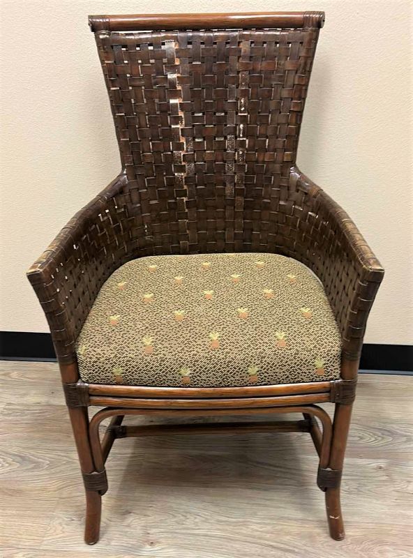 Photo 1 of RATTAN CHAIR WITH PINEAPPLE FABRIC SEAT 23” x 22” x H38”