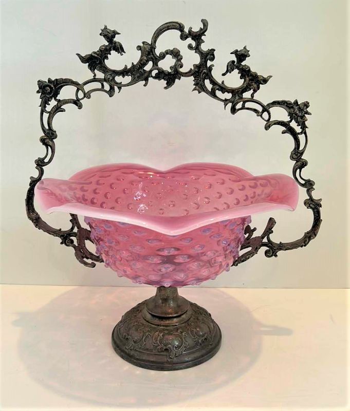 Photo 1 of ANTIQUE 1800'S TRIPLE PLATED SILVER BRIDES BASKET W/ RUFFLED PINK GLASS BOWL 12” x 13”