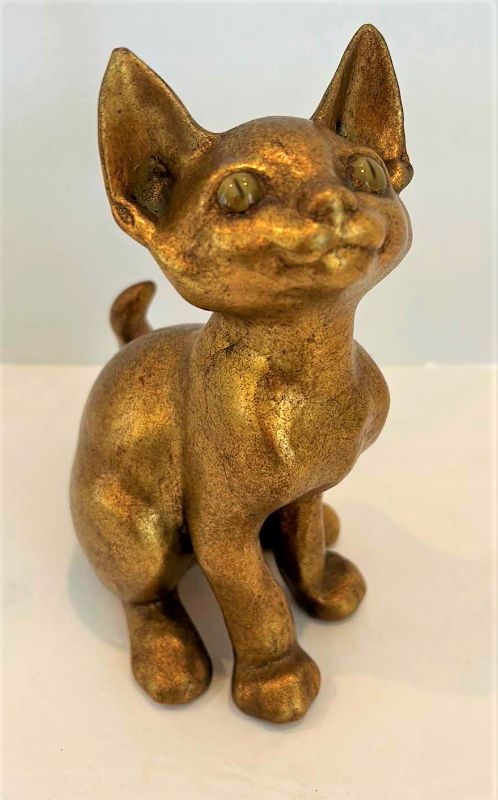 Photo 1 of VINTAGE SIGNED AND NUMBERED GOLD CAT STATUE H 8”