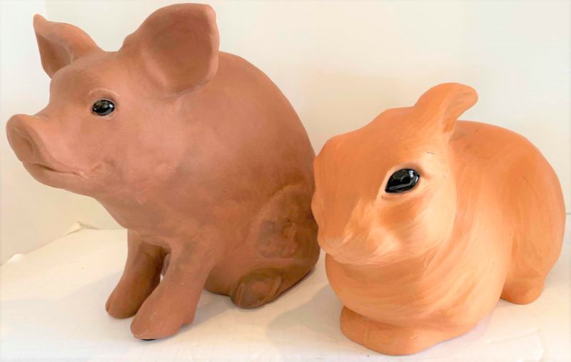 Photo 1 of PAIR OF CLAY POTTERY ANIMALS LARGEST 11” X 9”