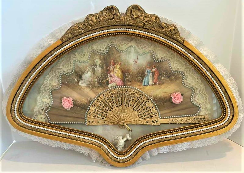 Photo 1 of ANTIQUE VICTORIAN FRENCH HAND PAINTED SILK AND CELLULOID HAND FAN SHADOW BOX  22” x 16”