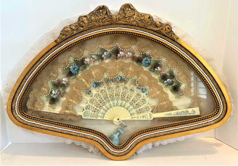 Photo 1 of ANTIQUE VICTORIAN FRENCH HAND PAINTED SILK AND CELLULOID HAND FAN SHADOW BOX 22” x 16”