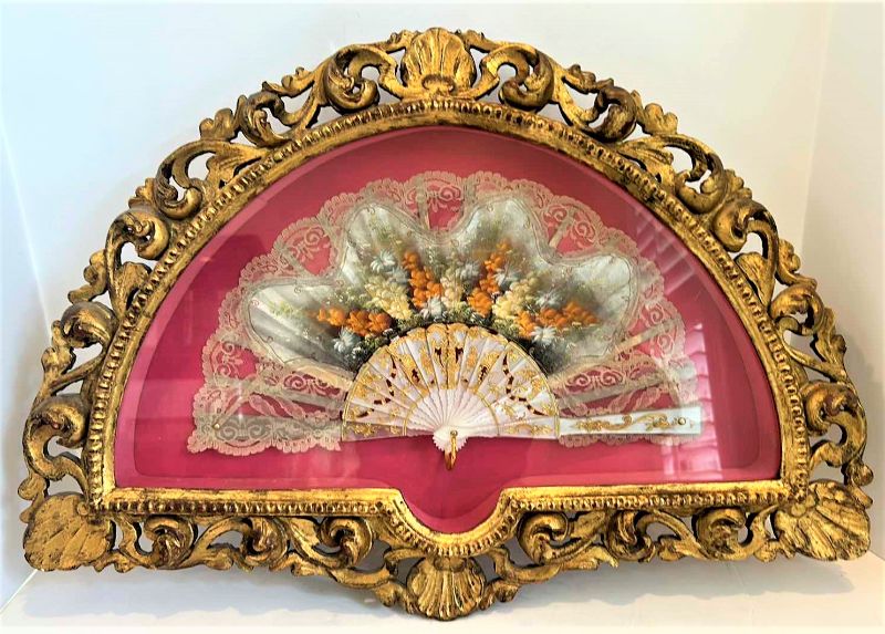 Photo 1 of ANTIQUE VICTORIAN FRENCH HAND PAINTED SILK AND CELLULOID HAND FAN SHADOW BOX 24” x 16.5”