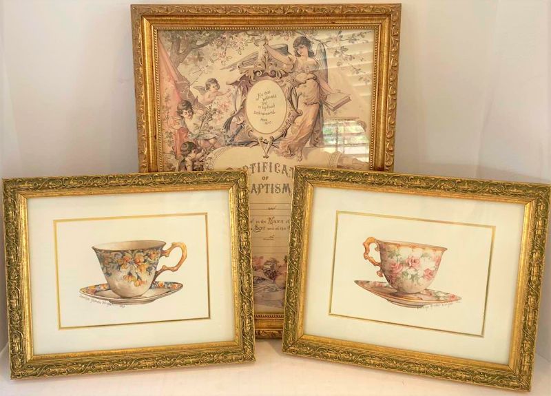 Photo 1 of 3-GOLD FRAMED VINTAGE TEA CUPS SIGNED SND BAPTISM CERTIFICATE ARTWORK 12.5” X 17”