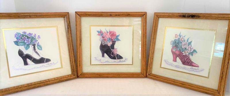 Photo 1 of 3-OAK FRAMED VINTAGE SHOES ARTWORK SIGNED 10” X 10”