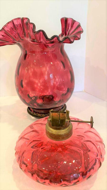 Photo 1 of VINTAGE FENTON CRANBERRY GLASS VASE 10” AND OIL LAMP