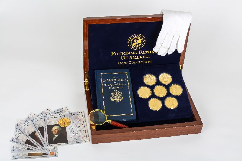 Photo 1 of NIB FRANKLIN MINT "FOUNDING FATHERS OF AMERICA" COIN COLLECTION W. COA (HAND-SCULPTED COINS COATED IN 24KT GOLD)