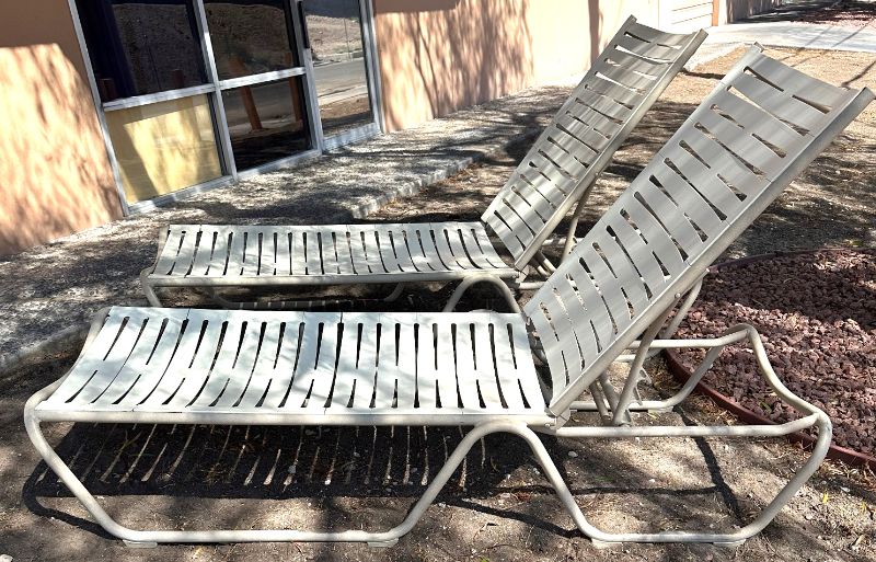 Photo 2 of 2-OUTDOOR HOTEL COMMERCIAL CHAISE LOUNGE’S- RESIN SEAT/BACK W ALUMINUM ADJUSTABLE, STACKABLE FRAME  L84” X W24”