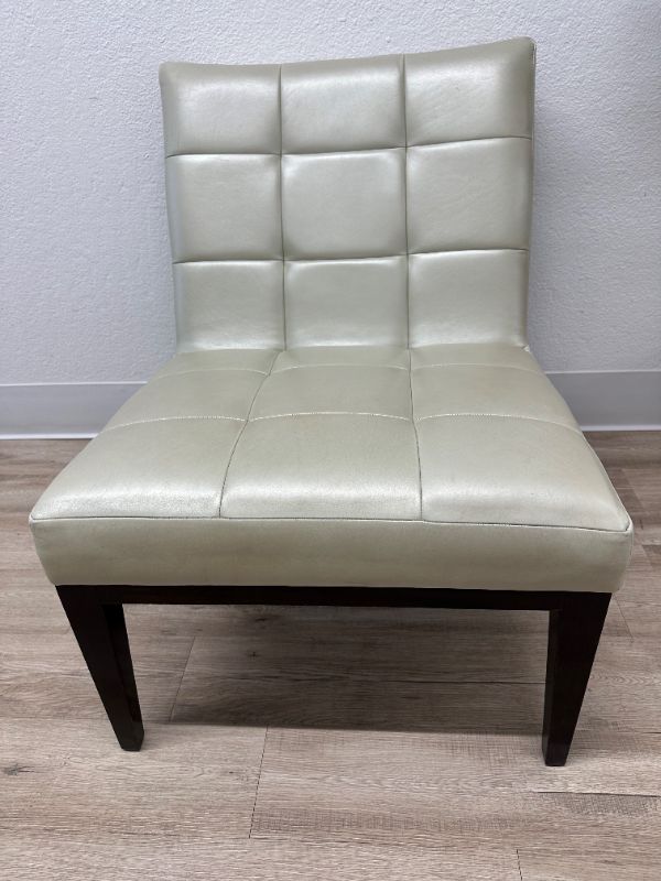 Photo 1 of CREAM LEATHER TUFTED ACCENT LOUNGE CHAIR W DARK BROWN WOOD TRIM
