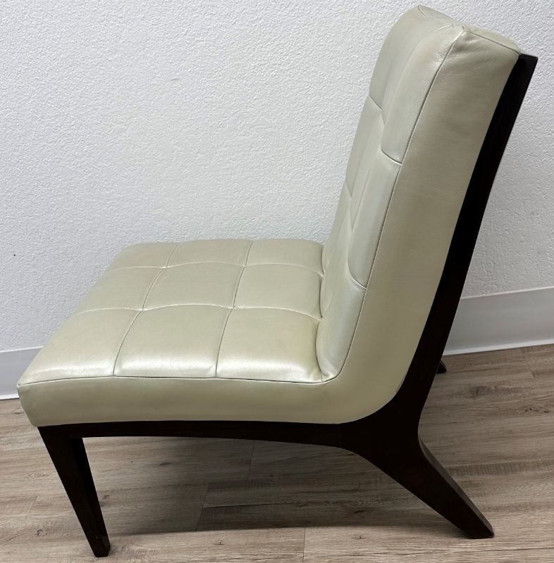 Photo 1 of CREAM LEATHER TUFTED ACCENT LOUNGE CHAIR W DARK BROWN WOOD TRIM