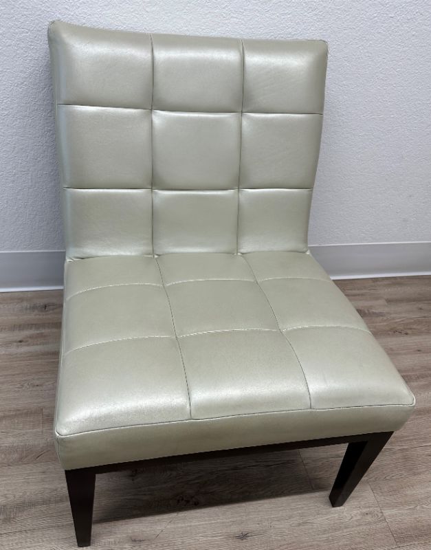 Photo 1 of CREAM LEATHER TUFTED ACCENT LOUNGE CHAIR W DARK BROWN WOOD TRIM