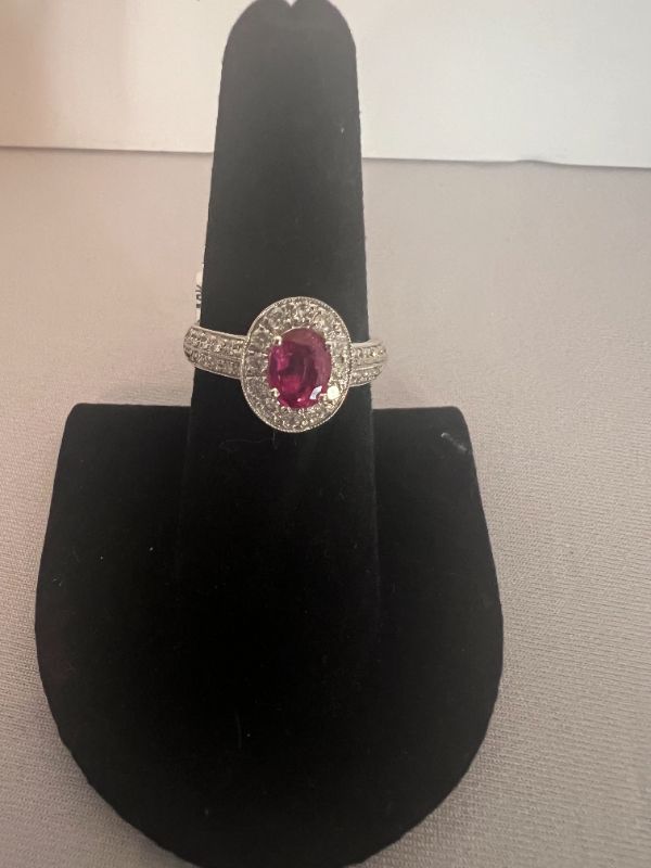 Photo 1 of 18K WHITE GOLD NATURAL RUBY CORUNDUM & DIAMOND RING (APPROX SIZE 6.5)   RN032451