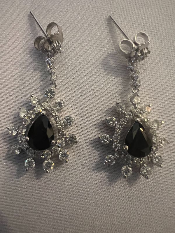 Photo 4 of 14K WHITE GOLD NATURAL SAPPHIRE CORUNDUM & DIAMOND DROP EARRINGS  ER007040 