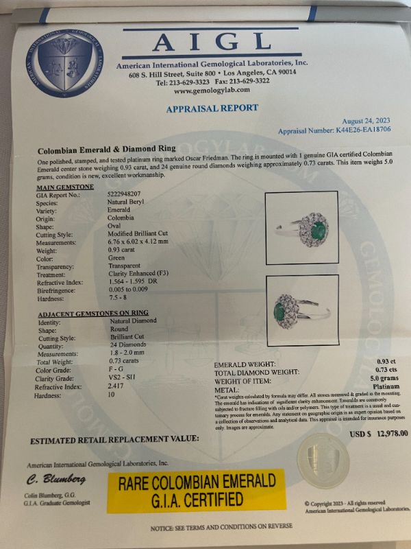 Photo 4 of PLATINUM OSCAR FRIEDMAN COLOMBIAN EMERALD & DIAMOND RING (APPROX SIZE 6.5)  RN034820