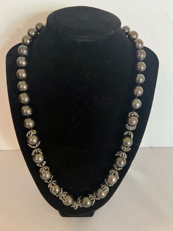 Photo 1 of CULTURED TAHITIAN PEARL NECKLACE W 14K GOLD DIAMOND PAVE ACCENTS W BLACK RHODIUM FINISH   NK014327 