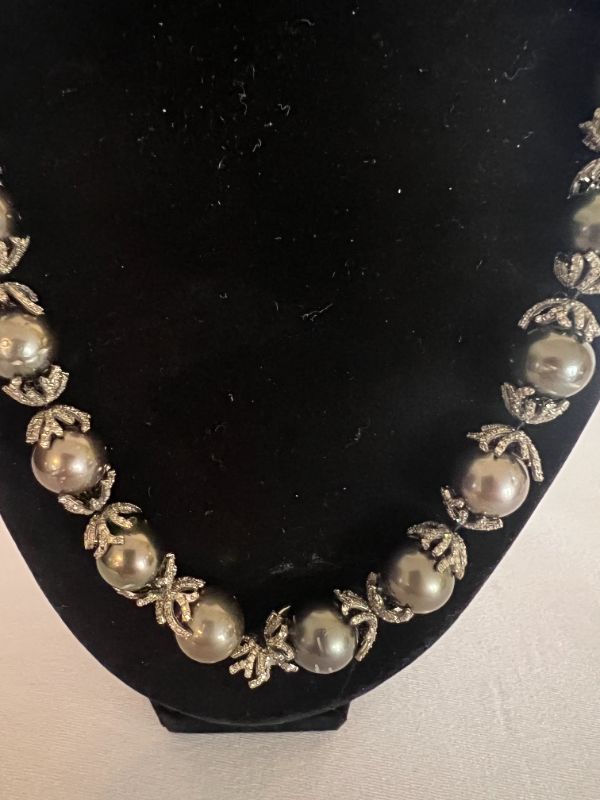 Photo 3 of CULTURED TAHITIAN PEARL NECKLACE W 14K GOLD DIAMOND PAVE ACCENTS W BLACK RHODIUM FINISH   NK014327 