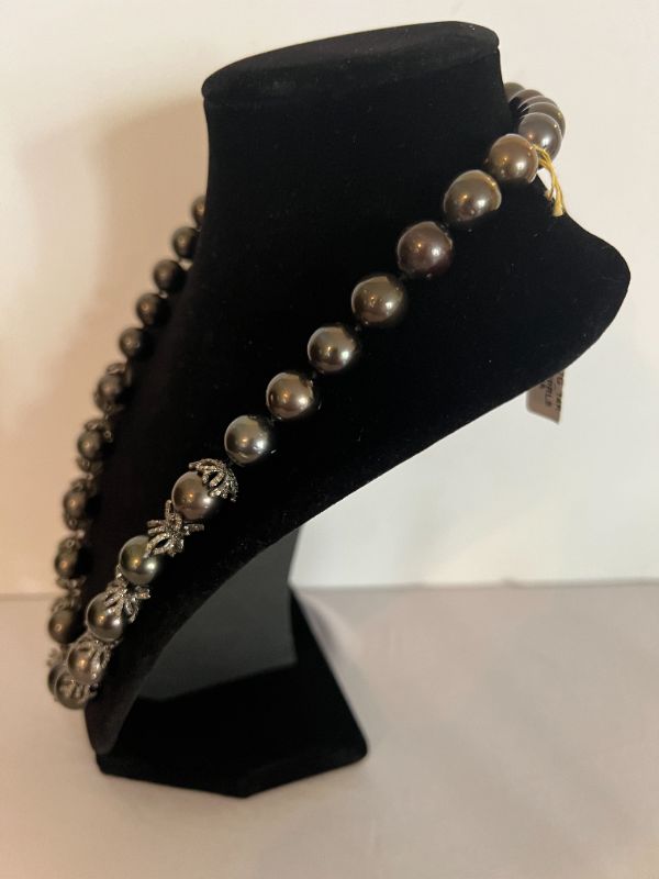 Photo 2 of CULTURED TAHITIAN PEARL NECKLACE W 14K GOLD DIAMOND PAVE ACCENTS W BLACK RHODIUM FINISH   NK014327 
