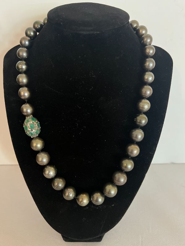 Photo 1 of CULTURED TAHITIAN PEARL NECKLACE W 14K ACCENT BAND W BLACK RHODIUM FINISH  NK014328  