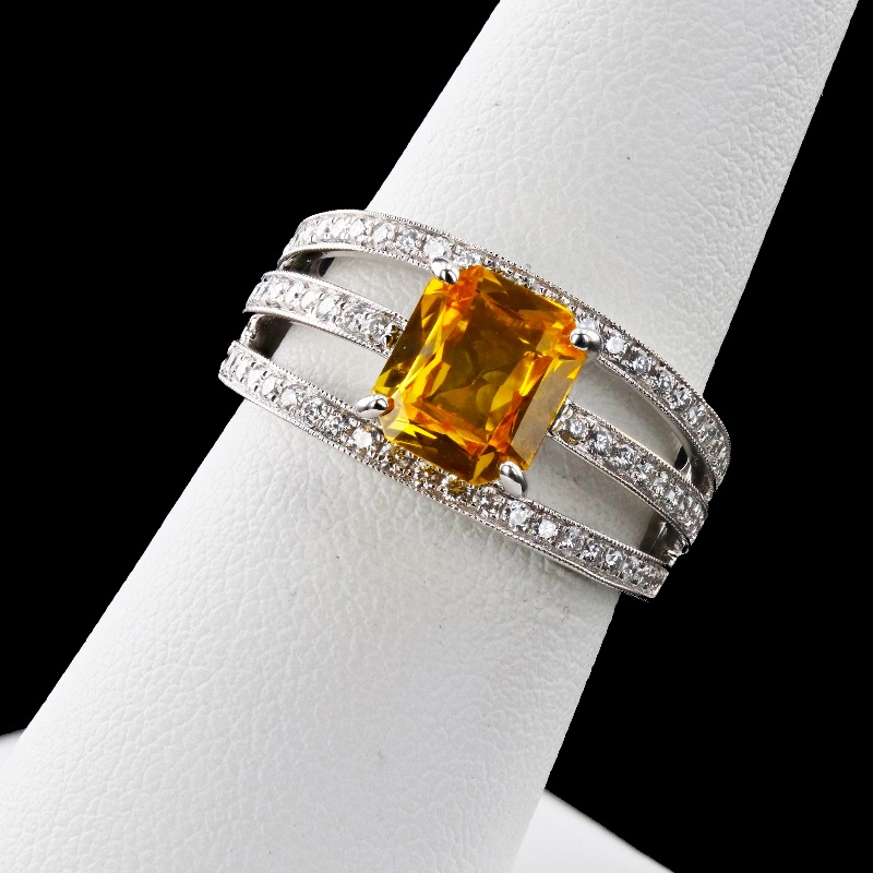Photo 2 of 2.13ct Orange Yellow Sapphire and 0.47ctw Diamond 18K White Gold Ring W. MSRP Certified Appraisal. (Approx Size 6-7). RN032238