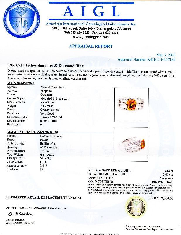 Photo 4 of 2.13ct Orange Yellow Sapphire and 0.47ctw Diamond 18K White Gold Ring W. MSRP Certified Appraisal. (Approx Size 6-7). RN032238