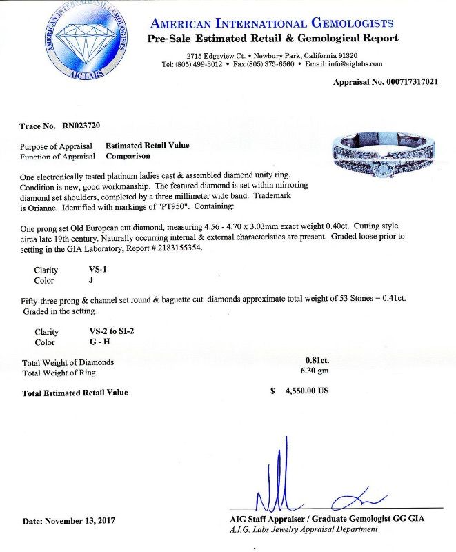 Photo 3 of 0.40ct VS1 CLARITY CENTER Diamond Platinum Ring (0.81ctw Diamonds) (Approx. Size 6-7). GIA CERTIFIED  RN023720