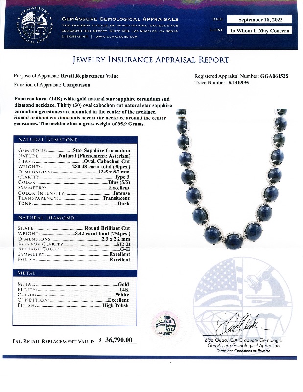 Photo 4 of 280ctw Blue Star Sapphire and 8.42ctw Diamond 14K White Gold Necklace W. MSRP Certified Appraisal. NK014517