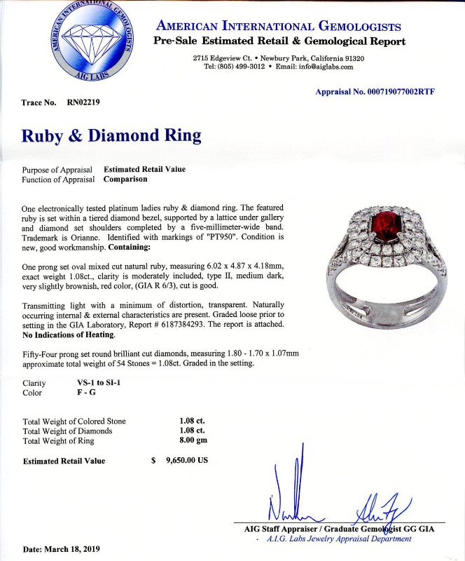 Photo 3 of 1.08ct UNHEATED Ruby and 1.08ctw Diamond Platinum Ring (GIA CERTIFIED) (Approx. Size 6-7)  RN022219