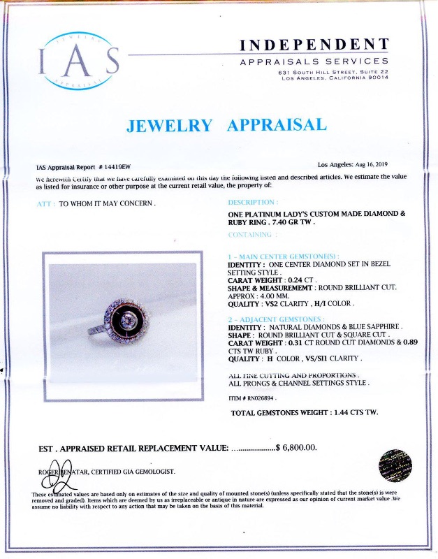 Photo 4 of 0.24ct Diamond, 0.89ctw Blue Sapphire and Ruby Platinum Ring (0.55ctw Diamonds)  (Approx Size 6-7)   RN026894
