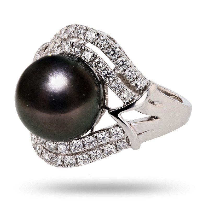 Photo 1 of 12mm Tahitian Pearl and 0.97ctw Diamond Platinum Ring W. CERTIFIED APPRAISAL (APPROX. SIZE 6-7)   RN028914