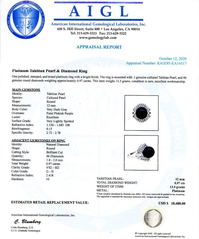 Photo 4 of 12mm Tahitian Pearl and 0.97ctw Diamond Platinum Ring W. CERTIFIED APPRAISAL (APPROX. SIZE 6-7)   RN028914