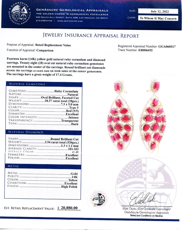 Photo 3 of 28.37ctw Ruby and 3.54ctw Diamond 14K Yellow Gold Earrings W MSRP CERTIFIED APPRAISAL  ER006692