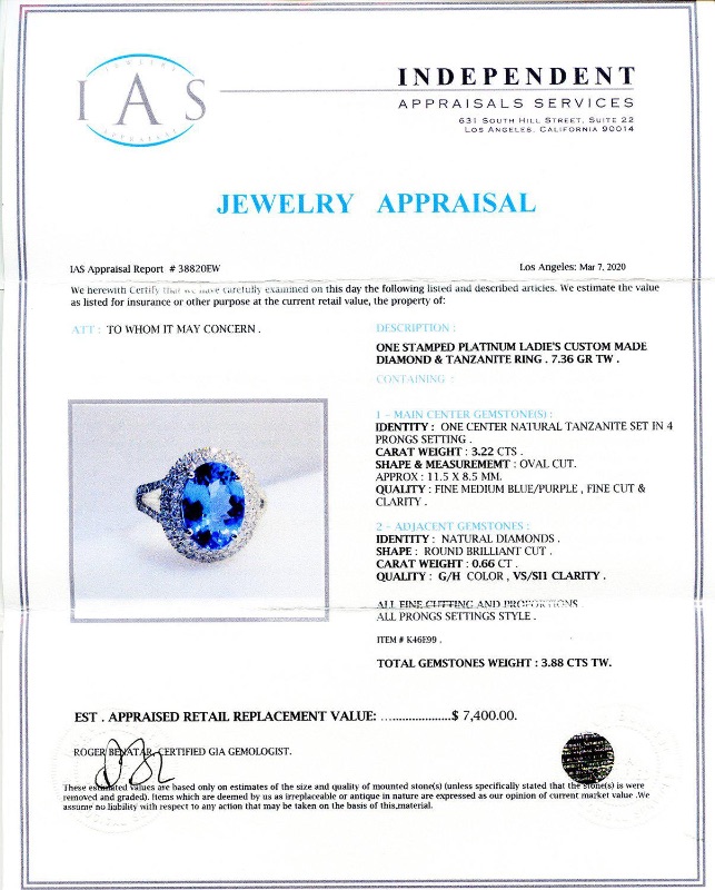 Photo 4 of 3.22ct Tanzanite and 0.66ctw Diamond Platinum Ring W MSRP CERTIFIED APPRAISAL. (APPROX SIZE 6-7)  RN028253