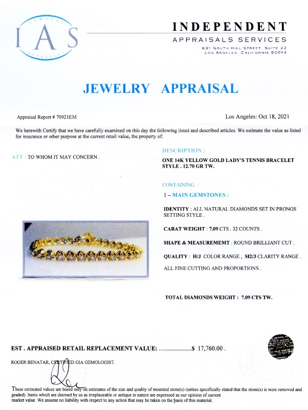 Photo 4 of 7.09ctw Diamond 14K Yellow Gold Tennis Bracelet W MSRP CERTIFIED APPRAISAL. BR007168
