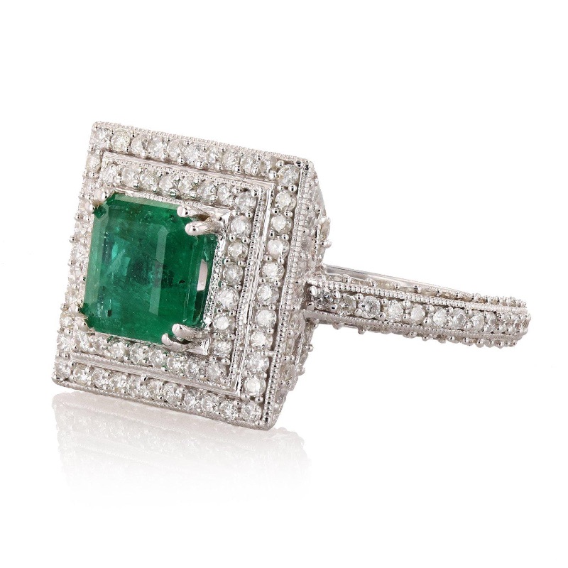 Photo 1 of 1.49ct Emerald and 1.28ctw Diamond 14K White Gold Ring W. MSRP CERTIFIED APPRAISAL (APPROX. SIZE 6-7)   RN023095