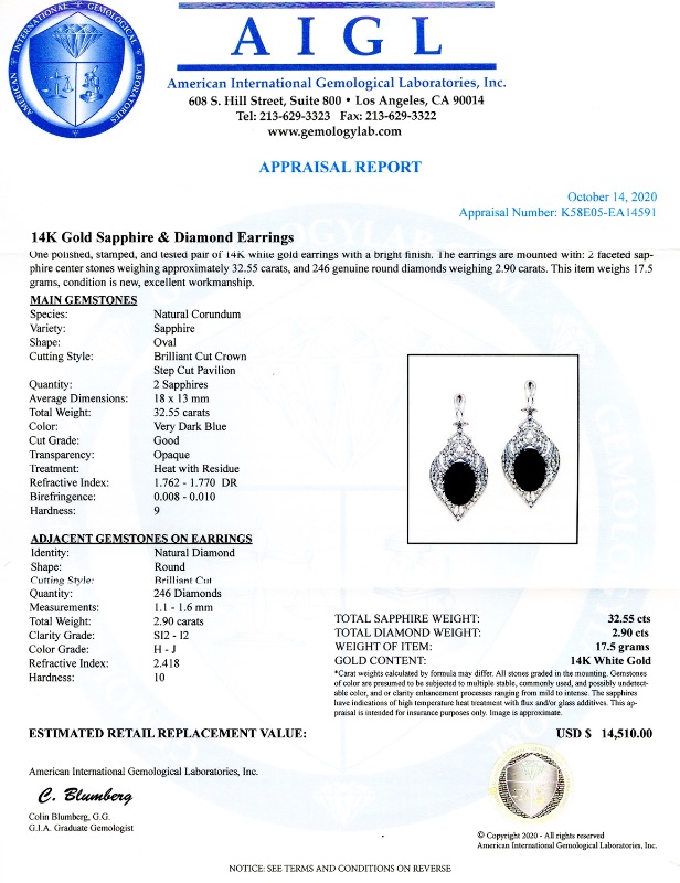Photo 3 of 32.55ctw Blue Sapphire and 2.90ctw Diamond 14K White Gold Earrings W MSRP CERTIFIED APPRAISAL   ER005976