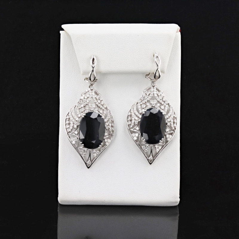 Photo 1 of 32.55ctw Blue Sapphire and 2.90ctw Diamond 14K White Gold Earrings W MSRP CERTIFIED APPRAISAL   ER005976