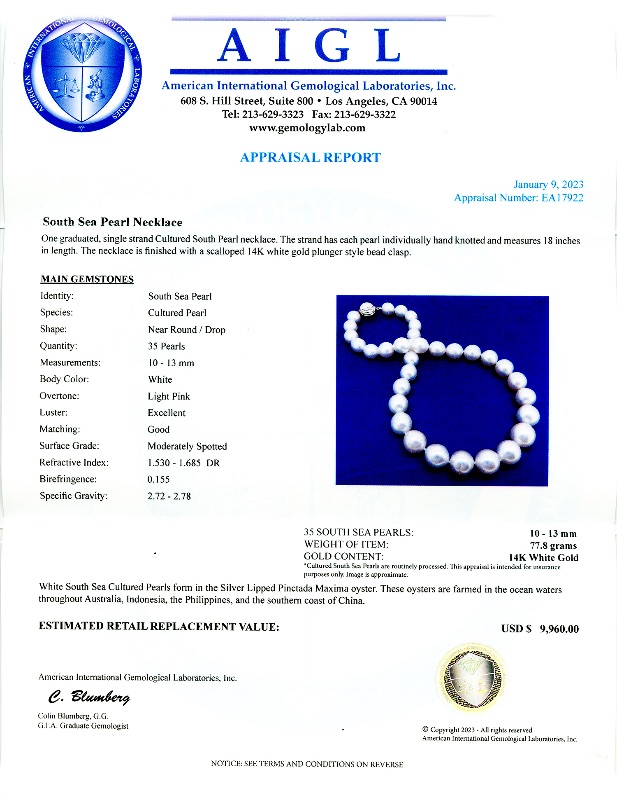 Photo 4 of 10mm to 13mm White South Sea Pearl 14K White Gold Necklace W MSRP CERTIFIED APPRAISAL   NK014694
