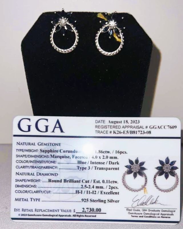 Photo 1 of 925 STERLING SILVER BLUE SAPPHIRE & DIAMOND EARRINGS (GGA CERTIFIED). ER007214