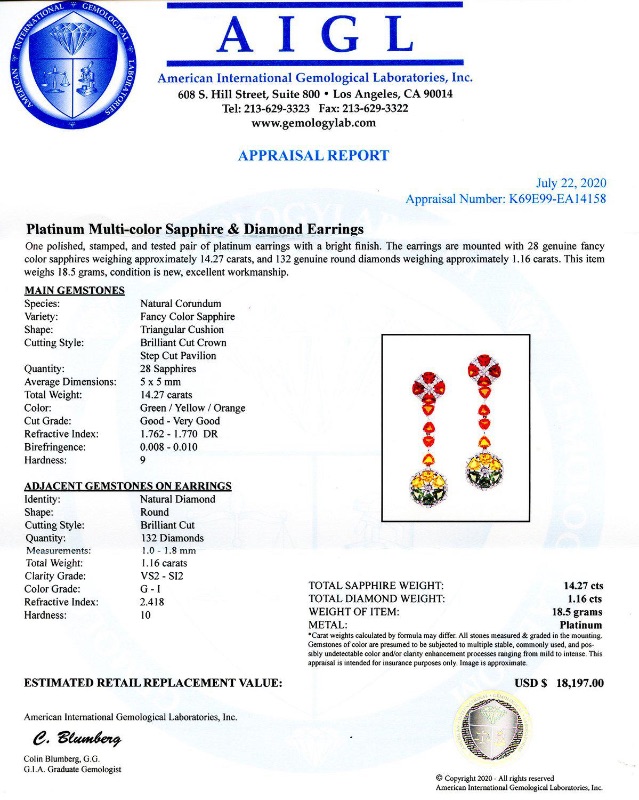 Photo 5 of 14.27ctw MultiColor Sapphire and 1.16ctw Diamond Platinum Dangle Earrings W. MSRP Appraisal. ER005841