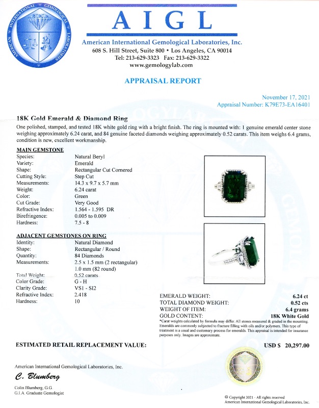 Photo 4 of 6.24ct Emerald and 0.52ctw Diamond 18K White Gold Ring w. MSRP Appraisal (Approx. Size 6-7)  RN031090