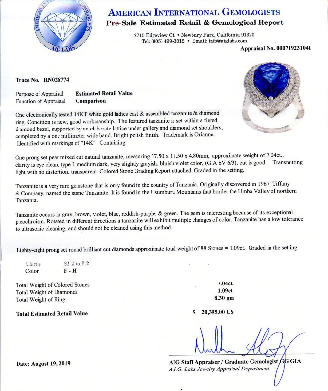 Photo 3 of 7.04ct Tanzanite and 1.09ctw Diamond 14K White Gold Ring W. MSRP Appraisal (Approx Size 6-7). RN026774