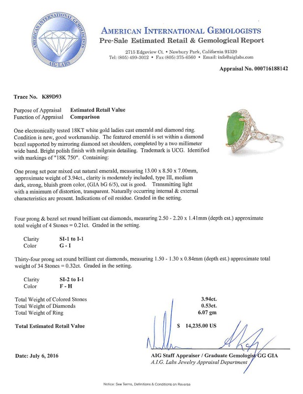 Photo 8 of 3.94ct Emerald and 0.53ctw Diamond 18K White Gold Ring w. MSRP Appraisal. RN020680