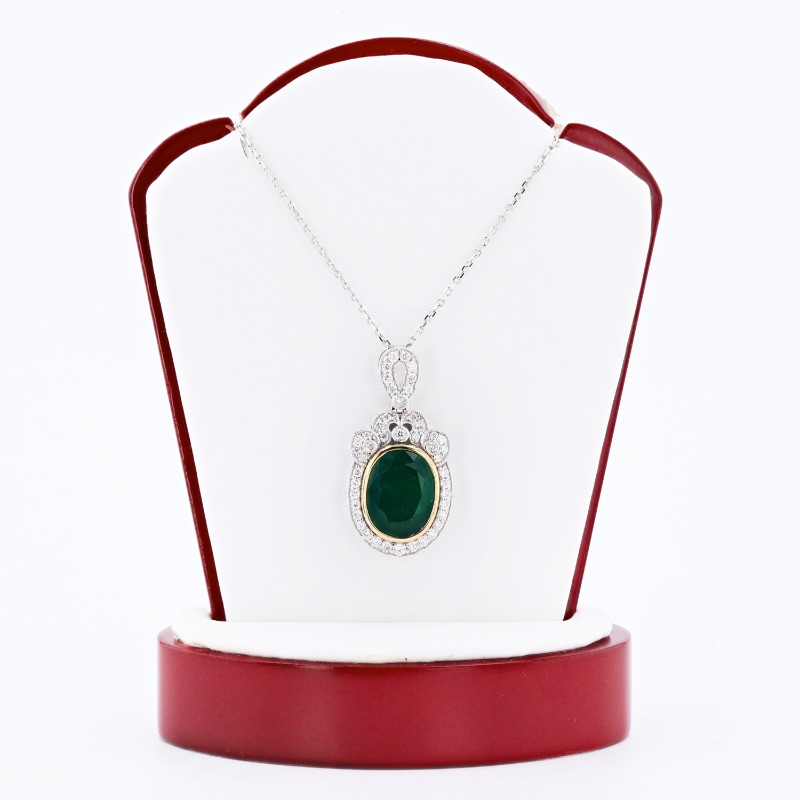 Photo 1 of 5.62ct Emerald and 0.60ctw Diamond 18K White Gold Pendant/Necklace w. MSRP Appraisal  NK013785