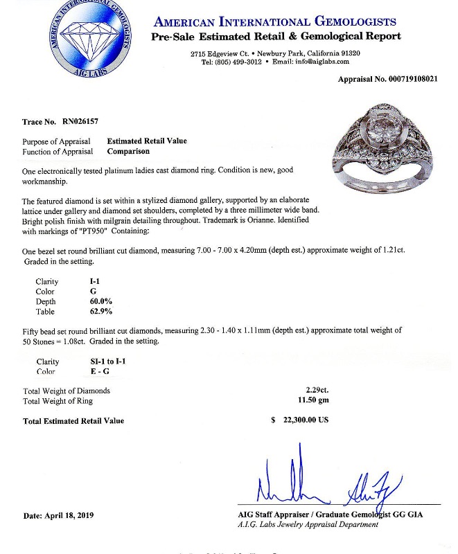 Photo 4 of 1.21ct CENTER Diamond Platinum Ring (2.29ctw Diamonds) w. MSRP Appraisal (Approx. Size 6-7)  RN026157