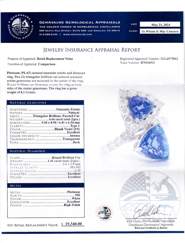 Photo 4 of 4.66ctw Tanzanite and 1.41ctw Diamond Platinum Ring w. MSRP Appraisal (Approx. Size 6-7)  RN036511