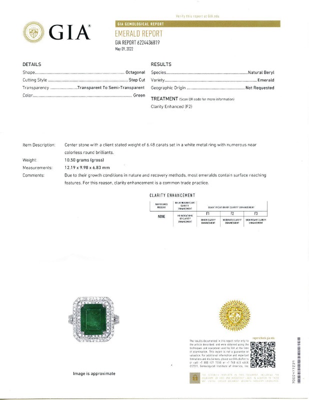 Photo 3 of 6.48ct Emerald and 1.03ctw Diamond Platinum Ring (GIA CERTIFIED) w. MSRP Appraisal (Approx Size 6-7). RN032487