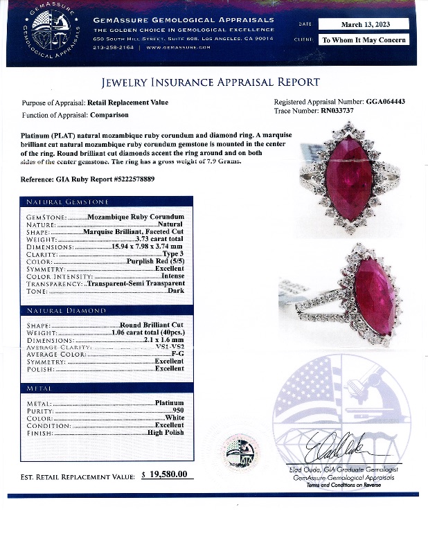 Photo 5 of 3.73ct Ruby and 1.06ctw Diamond Platinum Ring (GIA CERTIFIED) w. MSRP Appraisal. (Approx. Size 6-7). RN033737