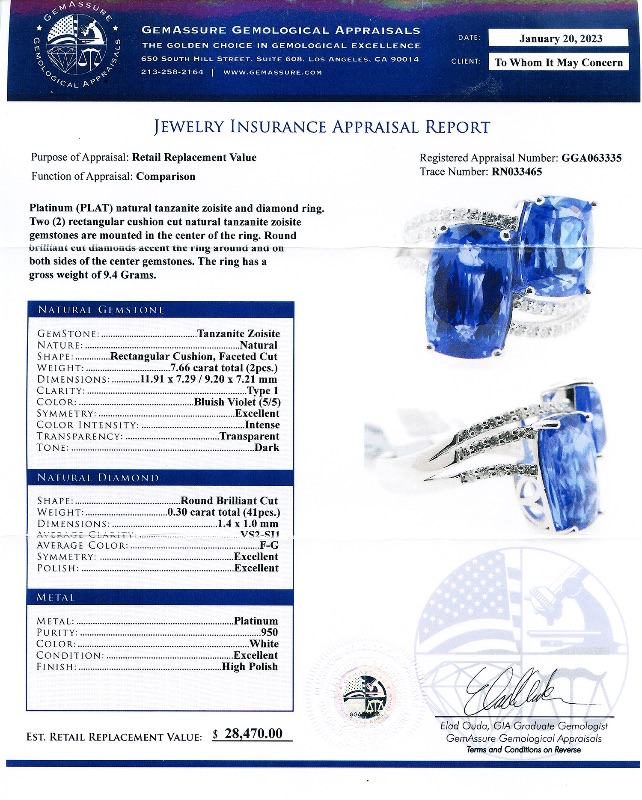 Photo 4 of 7.66ctw Tanzanite and 0.30ctw Diamond Platinum Ring w. MSRP Appraisal (Approx. Size 6-7). RN033465